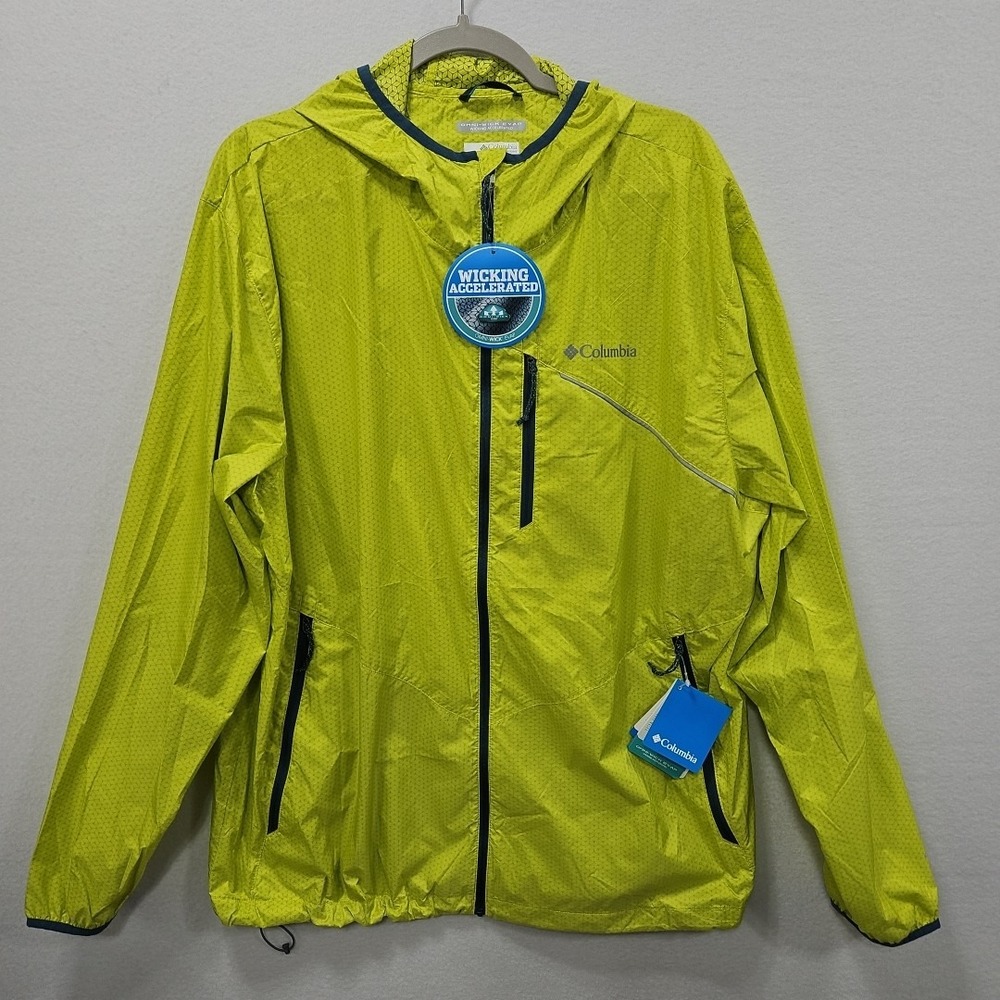 Columbia Davis Path Jacket Mens XL Green Yellow Omni Wick Evap Hood Rain‎ Jacket